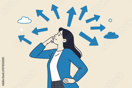 Tough decisions, choosing career path, make choices or think about final result, business directions challenge, confusion or decide options concept, businesswoman thinking and make business decisions.