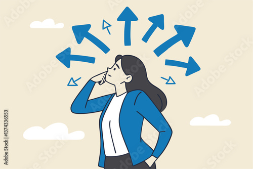 Tough decisions, choosing career path, make choices or think about final result, business directions challenge, confusion or decide options concept, businesswoman thinking and make business decisions.