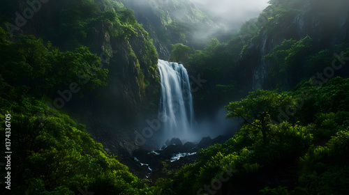 A beautiful mountain waterfall flowing down from high cliffs, surrounded by alpine vegetation and bathed in warm summer light.