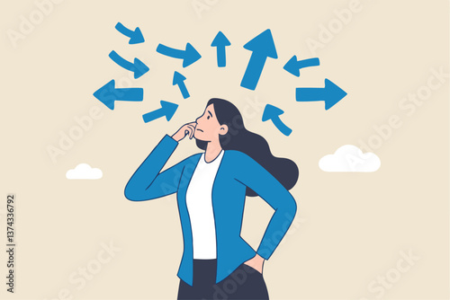 Tough decisions, choosing career path, make choices or think about final result, business directions challenge, confusion or decide options concept, businesswoman thinking and make business decisions.