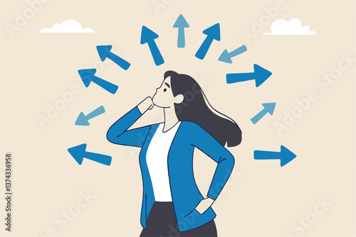 Tough decisions, choosing career path, make choices or think about final result, business directions challenge, confusion or decide options concept, businesswoman thinking and make business decisions.