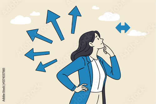 Tough decisions, choosing career path, make choices or think about final result, business directions challenge, confusion or decide options concept, businesswoman thinking and make business decisions.