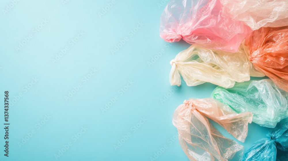 Fototapeta premium Different pastel colored plastic bags are arranged on a blue background with copy space, highlighting the issue of plastic pollution and its impact on the environment