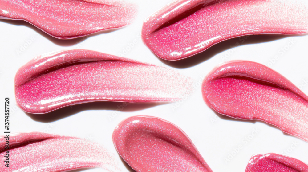 Fototapeta premium Several strokes of shimmering pink lip gloss are creating a beautiful, artistic pattern on a clean white background, showcasing the texture and shine of the cosmetic product