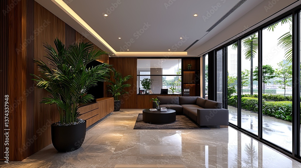 Fototapeta premium Modern Luxury Living Room Design: Sophisticated Interior with Panoramic Views