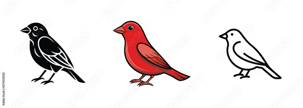 Fototapeta premium Three Bird Illustrations Black, Red, White Bird Designs