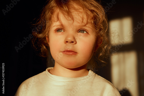 A young child with curly hair and bright blue eyes stands in a softly lit room, gazing thoughtfully into the distance as warm golden light filters through the windows