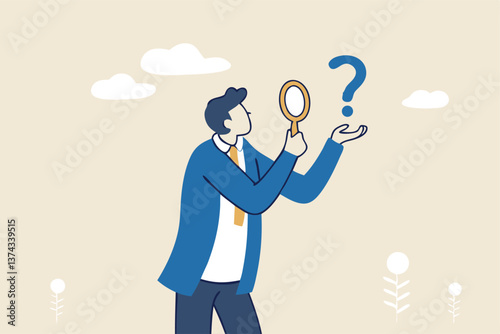 Problem analysis, analyze information to find solution or answer, solving problem or trouble, challenge to think overcome difficulty concept, businessman analyze question mark with magnifying glass.