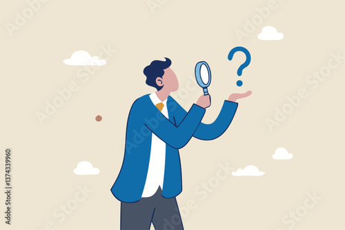 Problem analysis, analyze information to find solution or answer, solving problem or trouble, challenge to think overcome difficulty concept, businessman analyze question mark with magnifying glass.