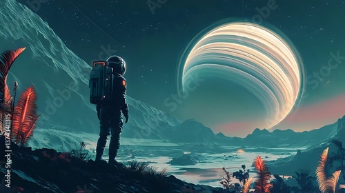 A Lone Astronaut Standing on the Surface of an Alien Planet, Gazing at a Massive Ringed Gas Giant in the Sky, as Strange Bioluminescent Plants Glow Around Them