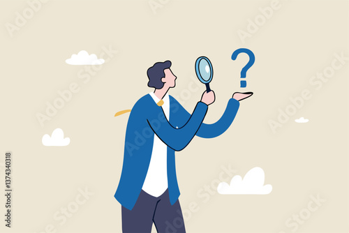 Problem analysis, analyze information to find solution or answer, solving problem or trouble, challenge to think overcome difficulty concept, businessman analyze question mark with magnifying glass.