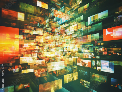 vibrant digital collage showcasing multitude of floating images, creating dynamic visual experience. colorful display evokes sense of innovation and technology, perfect for media and entertainment