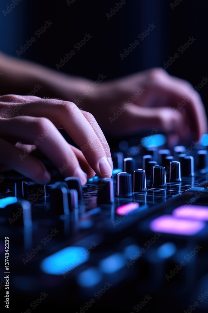 close-up of person hands expertly adjusting sleek mixing console or dj equipment highlighting intricate knobs dials close-up of person hands expertly adjusting sleek mixing console or dj equipment highlighting intricate knobs dials