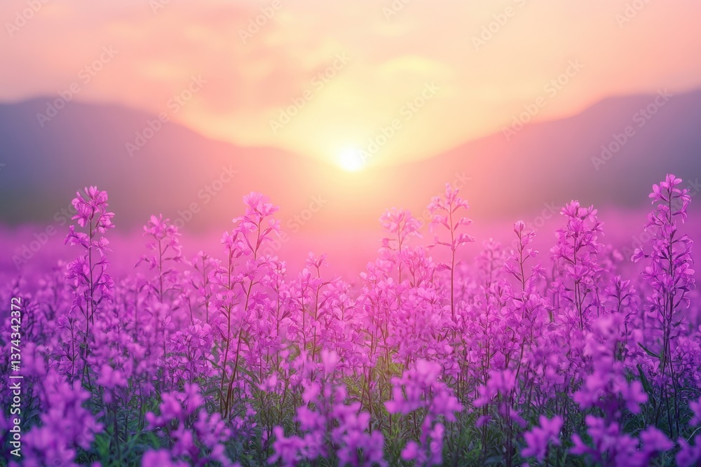 Fototapeta premium Serene floral landscape of vibrant purple wildflowers in full bloom at sunset with mountains and soft light