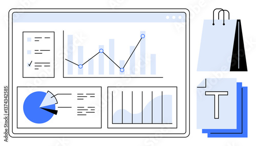 Digital dashboard with bar graphs, line charts, pie charts, and documents alongside shopping bag. Ideal for business strategy, marketing, analytics, e-commerce, sales trends KPI tracking flat