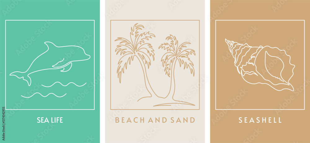 Hand drawn single continuous line logos. Icons lineart. Palm trees, dolphin, seashell drawing in one line. Editable stroke. Simple minimalistic style. Vector templates. For tourism, vacation, travel. Hand drawn single continuous line logos. Icons lineart. Palm trees, dolphin, seashell drawing in one line. Editable stroke. Simple minimalistic style. Vector templates. For tourism, vacation, travel.