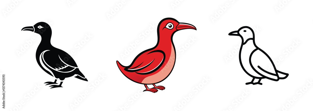 Obraz premium Three Bird Illustrations Black, Red, and Outline Styles