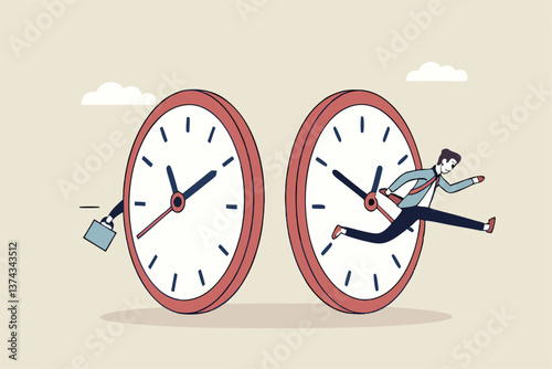 Time management or time travel to the future, time flied fast to work deadline, productivity or efficiency, effort or work schedule, evolution concept, businessman jump into clock to the future.