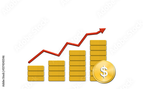 3D Coin stack growth chart with increasing arrow. Finance, capital and money increase concept.businessman for modern concept Banking and financial growth business information