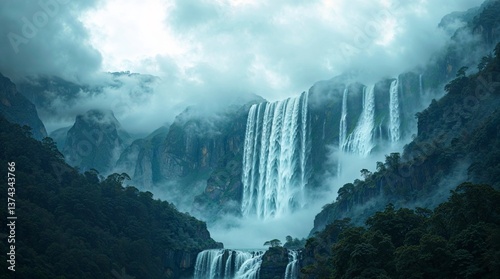 Jog waterfall like big dramatic waterfcall located in Western ghats or Sahyadri in Maharashtra, created by AI.