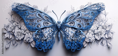 stunning blue butterfly intricately designed with floral elements, showcasing delicate patterns and textures. artwork combines nature beauty with artistic craftsmanship, evoking sense of wonder