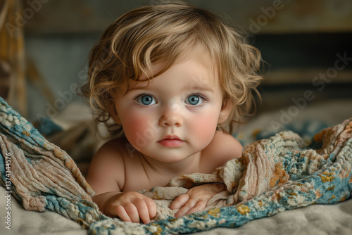 Baby girl with blue eyes laying on a blanket.