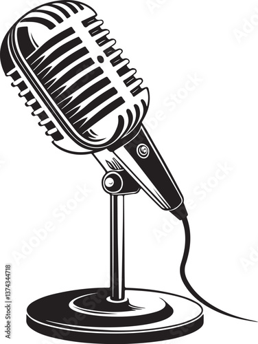 Microphone Podcast Radio Speech Speaker Black and White Vector Illustration, Sketch Drawing Line Linear Engraving, Hand-drawn Isolated