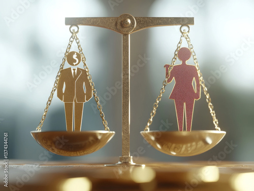 symbolic representation of gender equality workplace, featuring balance scale with male figure holding dollar sign one side and female figure holding briefcase other. This emphasizes importance