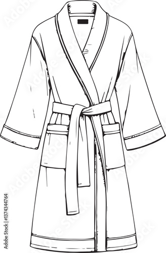 Bath Robe Black and White Vector Illustration, Sketch Drawing Line Linear Engraving, Hand-drawn Isolated