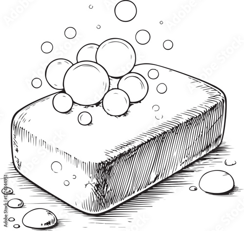 Soap Bar Black and White Vector Illustration, Sketch Drawing Line Linear Engraving, Hand-drawn Isolated