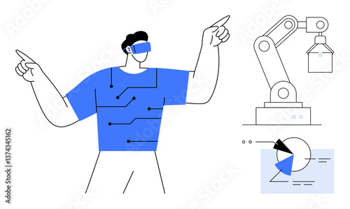 Individual wearing a VR headset interacts with technology-themed elements, including robotic arm and data graph. Ideal for innovation, automation, AI, industry, VR, robotics tech concepts. Flat