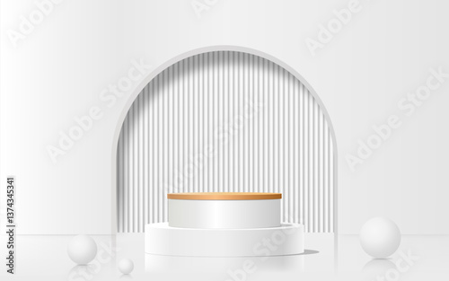 Abstract subtle background. Gray and white leaf platform gray background vector 3d render with podium stand to display cosmetic products 3d stage display white background display