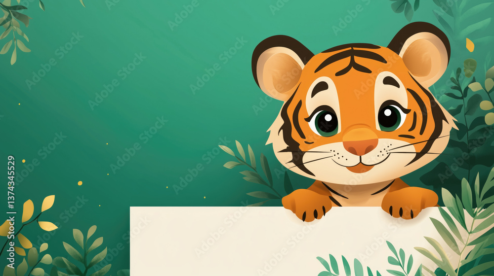 Cute tiger cub peeks over a white sign in a lush green jungle setting