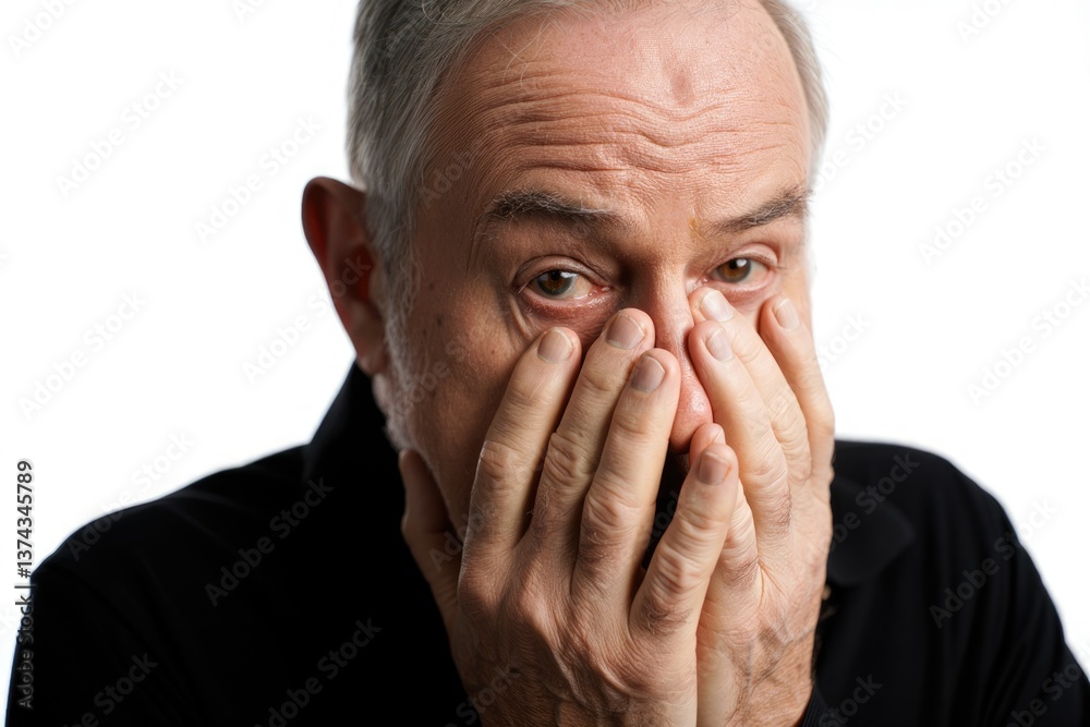 Man showing emotions of distress or worry while covering his face in a neutral setting Man showing emotions of distress or worry while covering his face in a neutral setting