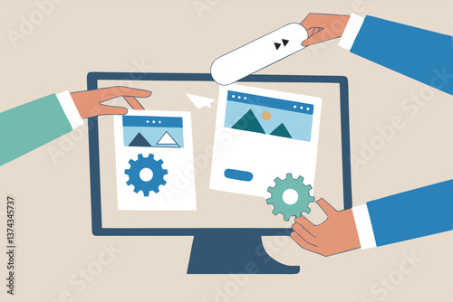 Build website with template customization, SEO optimization for search result, develop app or wireframe, customizable software development concept, hands help building website on computer screen.