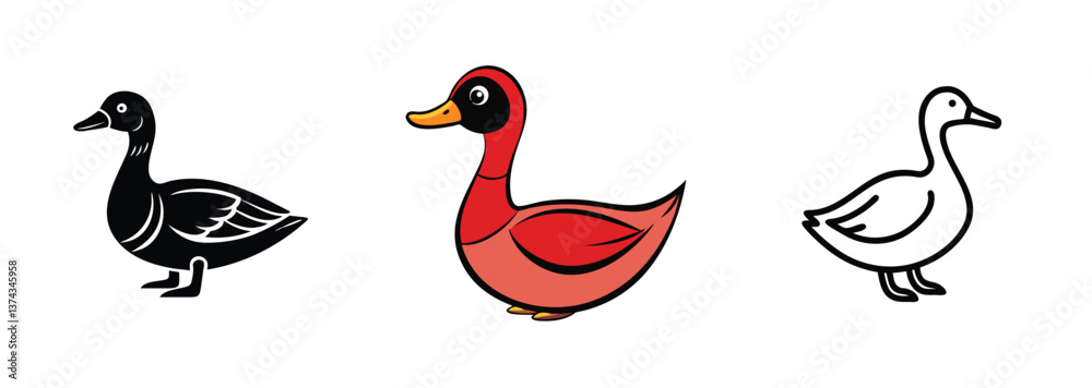 Fototapeta premium Three Goose Illustrations Black, Red, White, Cartoon, Bird, Animal, Farm, Poultry, Design, Graphic