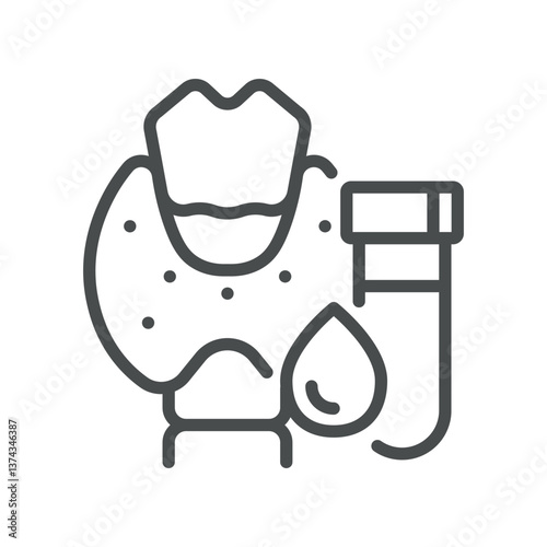 Thyroid Panel Blood Test Icon. Thin Line Illustration of Thyroid Gland and Test Tube, Representing Thyroid Function Test, Hormone Analysis, Endocrinology, and Diagnostic Screening