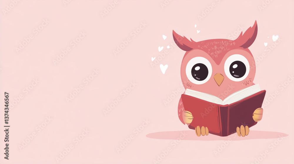 Cute owl reading a book against a pink background