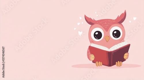 Obraz na płótnie Cute owl reading a book against a pink background w salonie