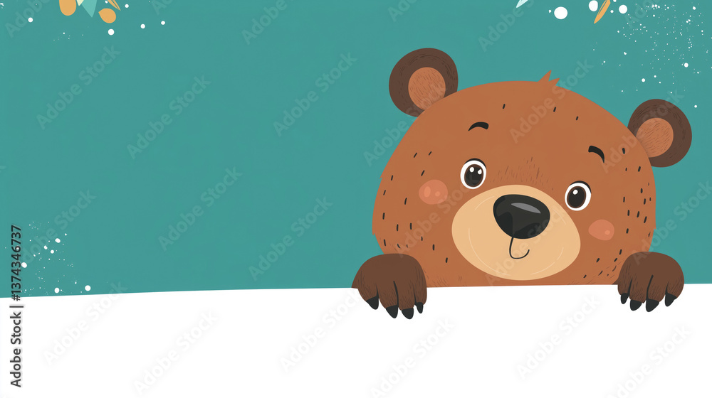 Cute bear character peeking over a blank space with a colorful background