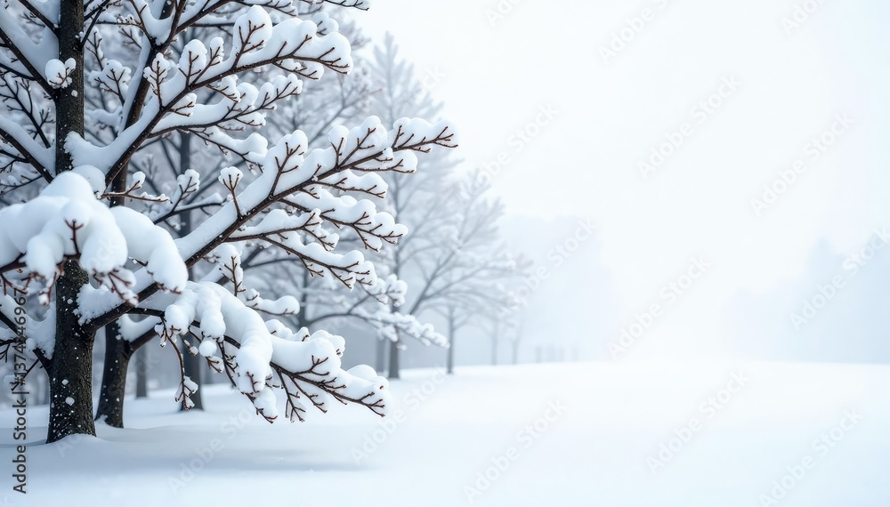 Fototapeta premium Snow-covered branches, stark winter scene on white, frost, season