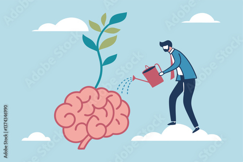 Growth mindset positive attitude to learn new thing, improvement to success, brain motivation or challenge to achieve goal, learning concept, businessman watering growth seedling on his brain.