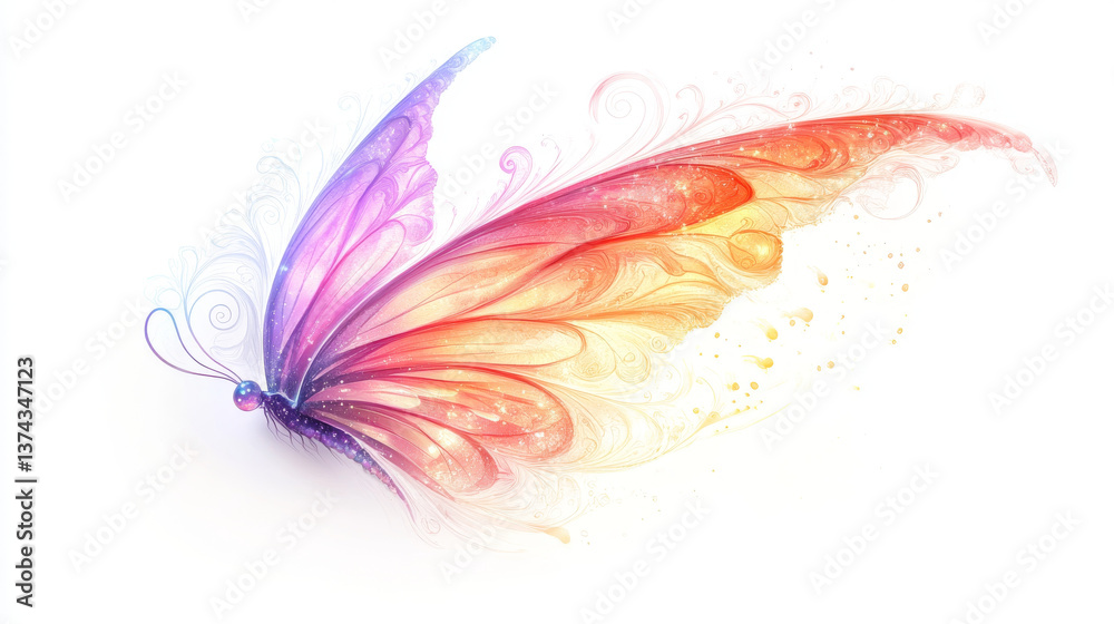 Obraz premium vibrant butterfly with intricate patterns and gradient of colors from purple to orange, showcasing delicate swirls and sparkles, evokes sense of beauty and wonder