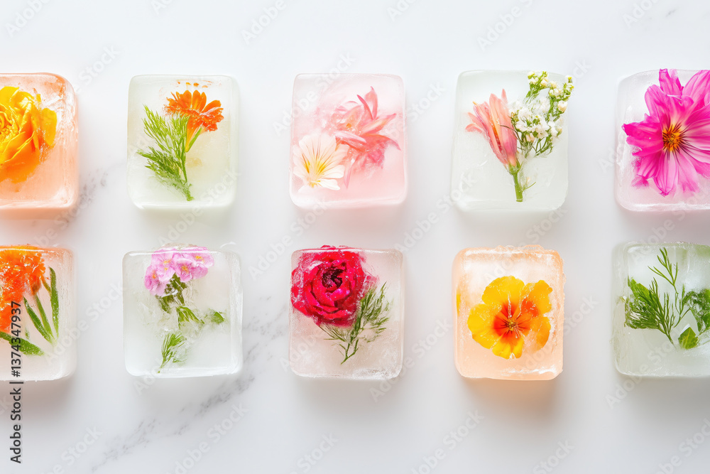 Colorful floral ice cubes arranged in a neat pattern