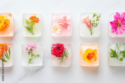 Obraz na płótnie Colorful floral ice cubes arranged in a neat pattern w salonie