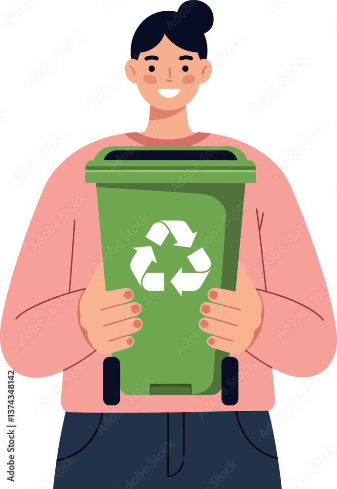Person holding green recycling bin with cheerful expression in minimal vector illustration Person holding green recycling bin with cheerful expression in minimal vector illustration