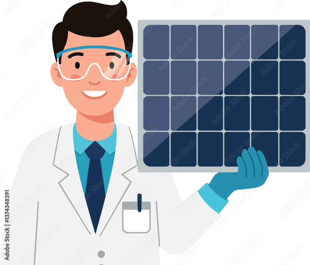 Scientist holding a solar panel in a laboratory setting, flat vector illustration showcasing renewable energy Scientist holding a solar panel in a laboratory setting, flat vector illustration showcasing renewable energy