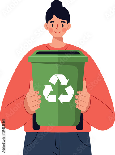A young woman smiling while holding a green recycling bin in flat vector art