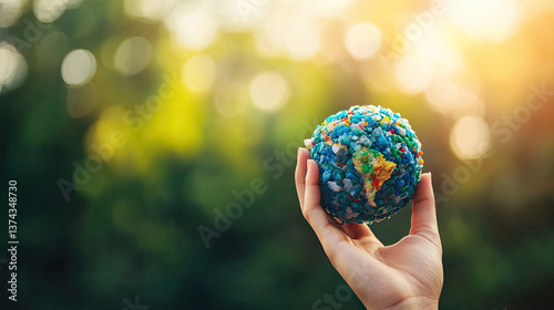 A hand holds a globe made of plastic debris, symbolizing the impact of pollution on the planet amidst a natural, softly illuminated background.