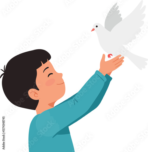 A joyful boy releasing a white dove with a flat and cheerful design style in vector art